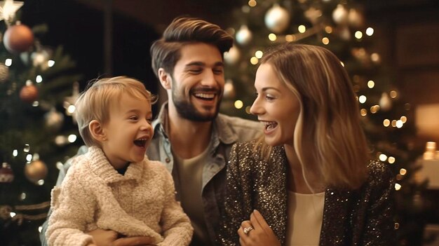 Famille heureuse dans une maison confortable à Noël