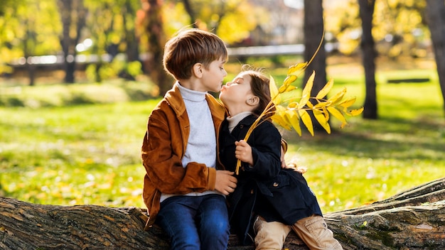 Photo gratuite famille heureuse dans un parc d'automne sœur embrasse son frère il la serre dans ses bras assis sur un tronc d'arbre