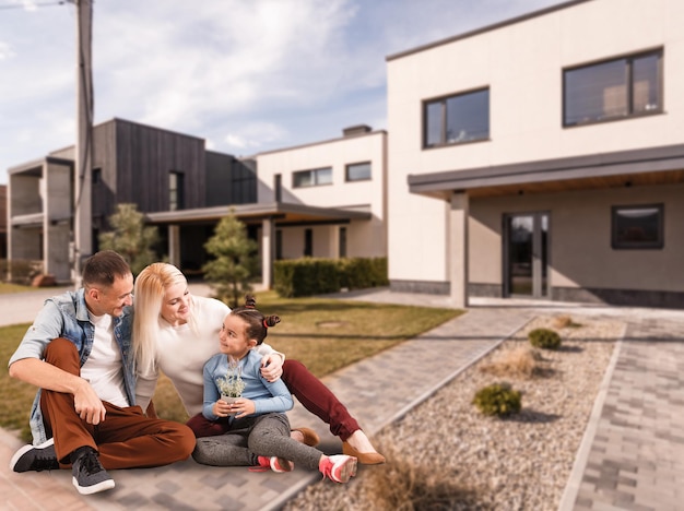 Famille heureuse. famille sur le fond d'une nouvelle maison. La nouvelle maison moderne est en arrière-plan.