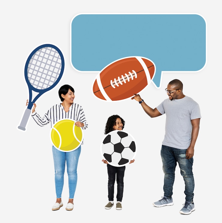 Photo gratuit famille heureuse avec des icônes de sport