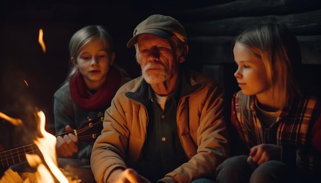 Famille multi-génération souriante jouant de la guitare à l'extérieur ensemble généré par l'IA