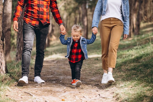 Famille avec petit fils ensemble dans la forêt