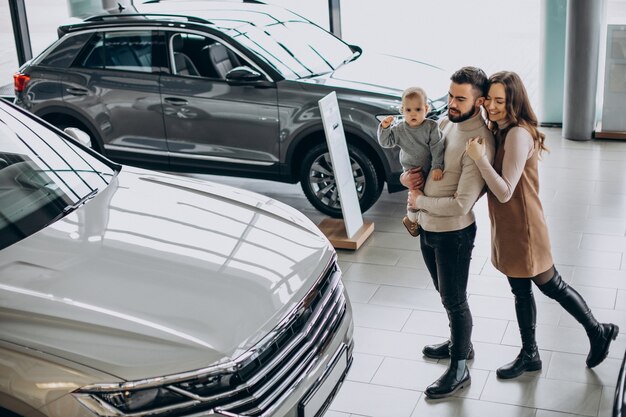 Famille avec petite fille choisissant une voiture dans une salle d'exposition automobile