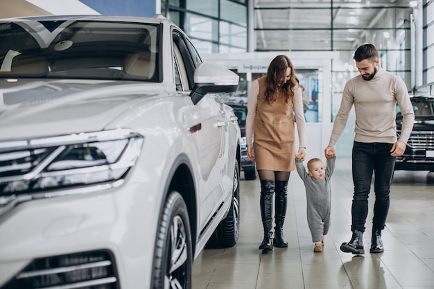 Famille avec petite fille choisissant une voiture dans un salon de l'automobile