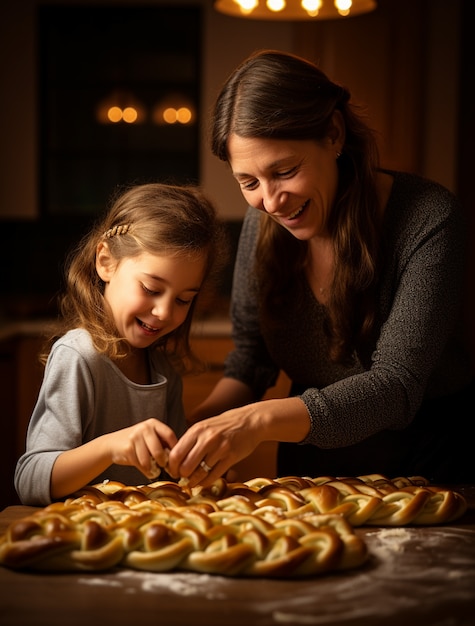 Photo gratuite une famille prépare un plat de challah pour hanouka