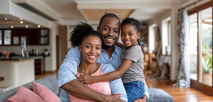Photo gratuit une famille présentant sa maison
