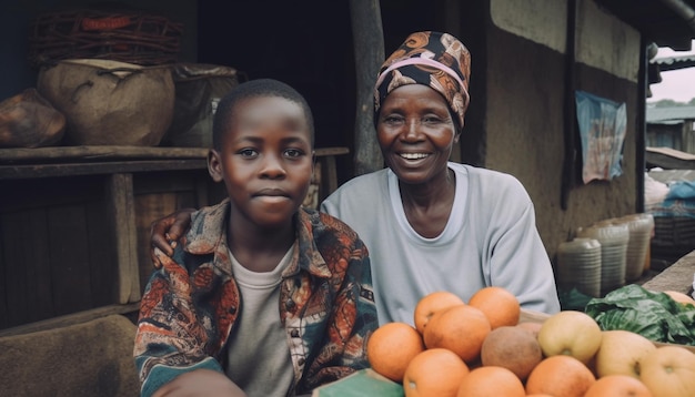 Famille souriante assise à l'extérieur tenant des fruits à table IA générative