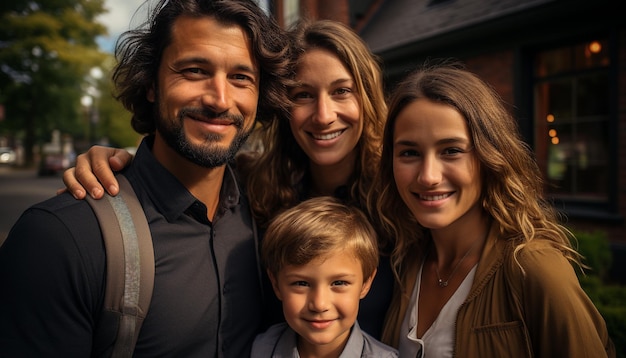 Une famille souriante à l'extérieur embrassant la joie et l'amour profitant des vacances d'été générées par l'intelligence artificielle