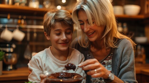 Une famille de taille moyenne mangeant un délicieux chocolat.