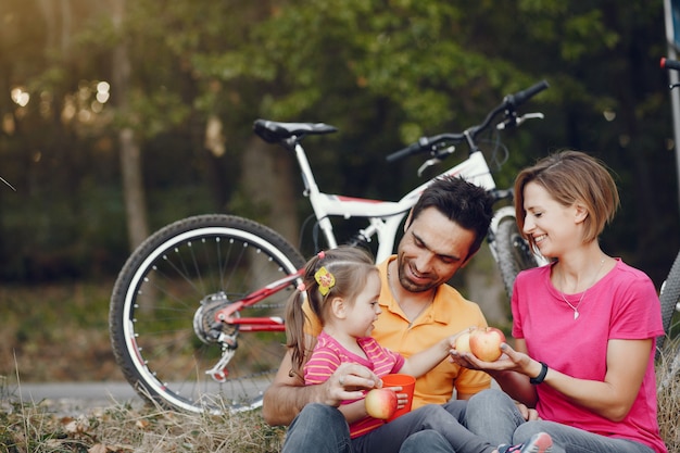 Famille avec un vélo dans un parc d'été