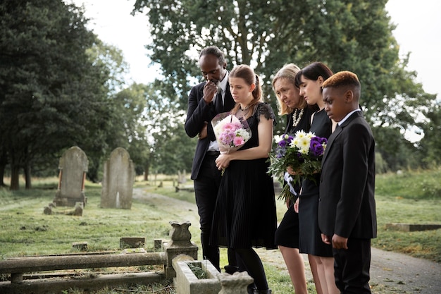 Famille visitant la tombe d'un être cher