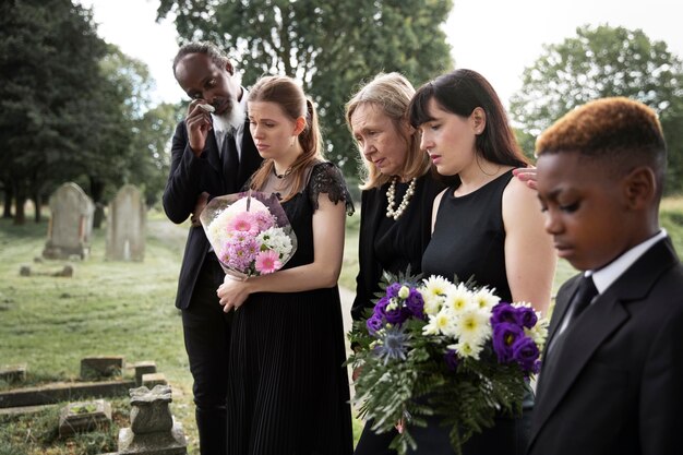 Famille visitant la tombe d'un être cher