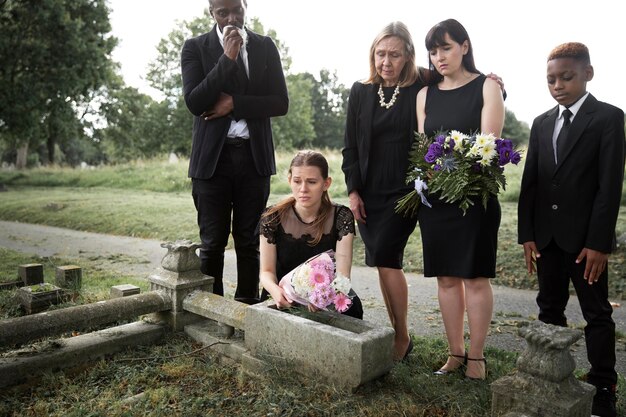 Famille visitant la tombe d'un être cher