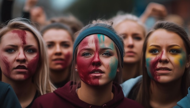 Photo gratuite des fans souriants peignent des visages encourageant l'équipe de football générée par l'ia