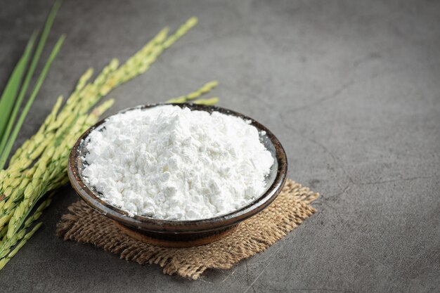 Farine de riz blanc sur petit bol avec plant de riz