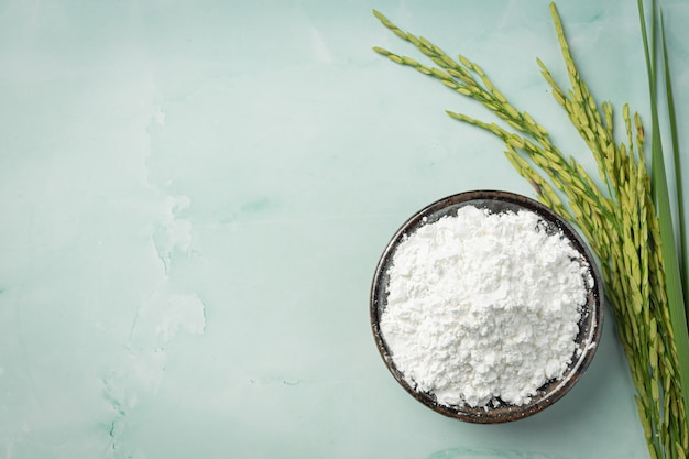 Farine De Riz Blanc Sur Petit Bol Avec Plant De Riz