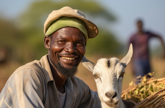 Photo gratuite farmer taking care of photorealistic goat farm