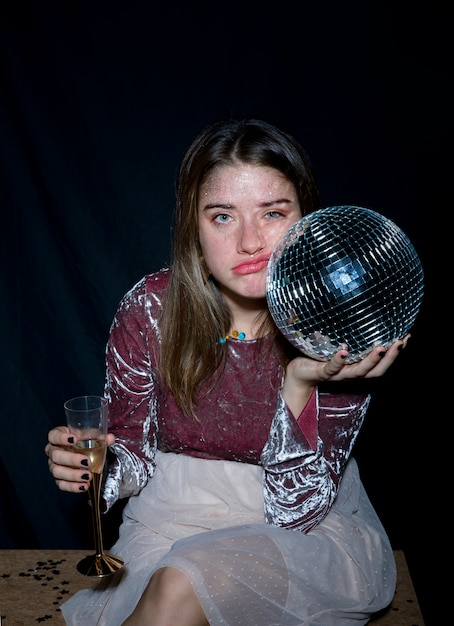 Fatigué femme assise avec une boule disco dans la main