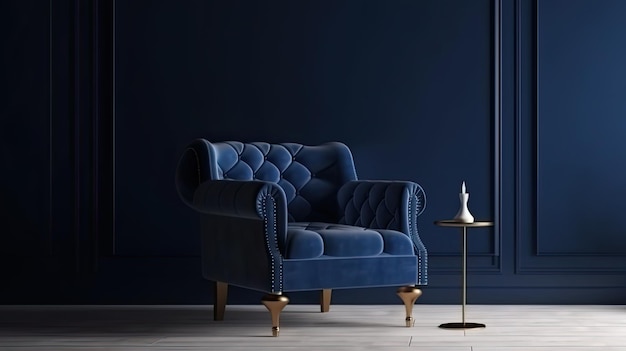 Photo gratuite fauteuil bleu contre un mur bleu à l'intérieur du salon design d'intérieur élégant avec espace de copie ai générative