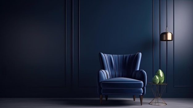 Fauteuil bleu contre un mur bleu à l'intérieur du salon Design d'intérieur élégant avec espace de copie Ai générative