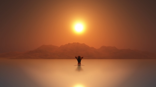 Femme 3D dans la mer au coucher du soleil