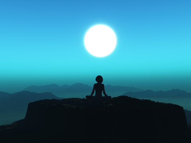 Femme 3D en posture de yoga sur la falaise contre le ciel coucher de soleil