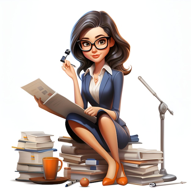 Photo gratuite une femme d'affaires assise sur une pile de livres et lisant un journal illustration vectorielle