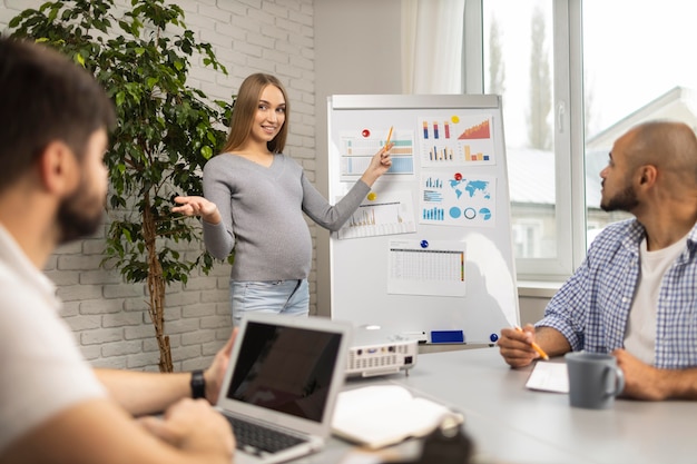 Femme d'affaires enceinte donnant une présentation au bureau à des collègues masculins