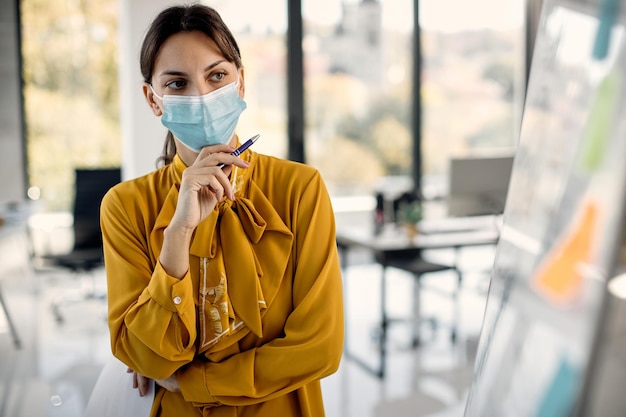 Femme d'affaires avec masque facial remue-méninges devant le tableau blanc au bureau