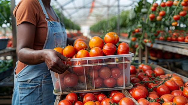 Une femme africaine récolte des légumes.