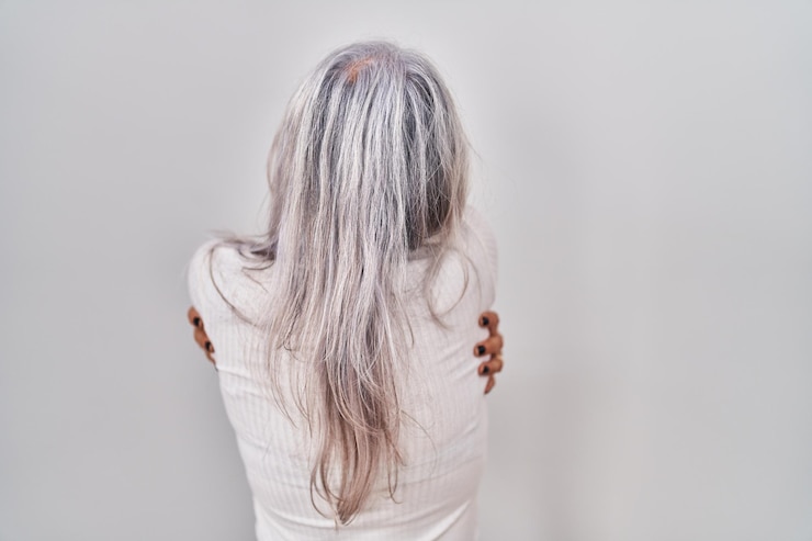 Photo gratuit femme d'âge moyen aux cheveux gris debout sur fond blanc se serrant heureux et positif à l'envers l'amour de soi et les soins personnels