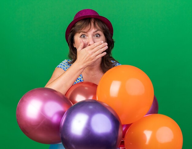 Femme d'âge moyen en chapeau de fête avec des ballons colorés étonnés couvrant la bouche avec la main célébrant la fête d'anniversaire debout sur un mur vert