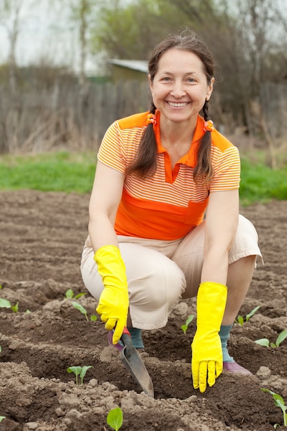 Photo gratuite femme d'âge mûr plantant le chou