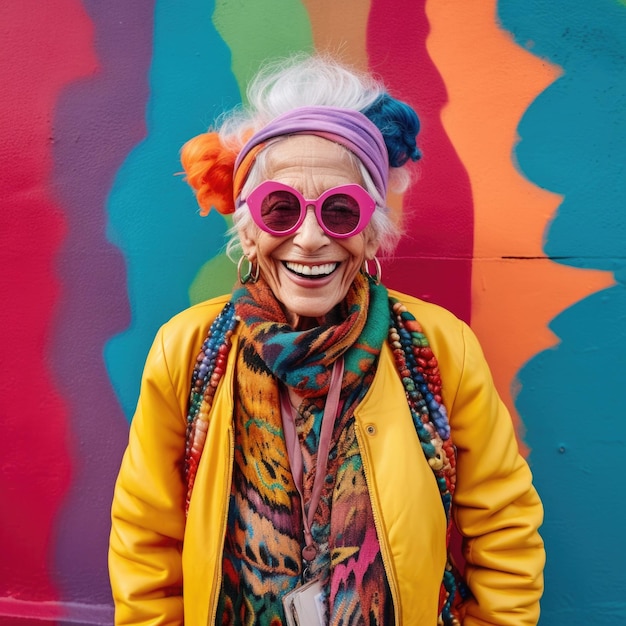 femme âgée expression heureuse contre le grunge mur de graffitis colorés ai généré