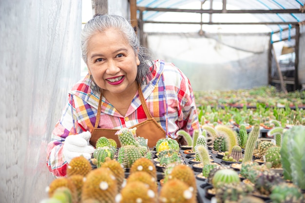 Femme âgée heureuse avec beau cactus