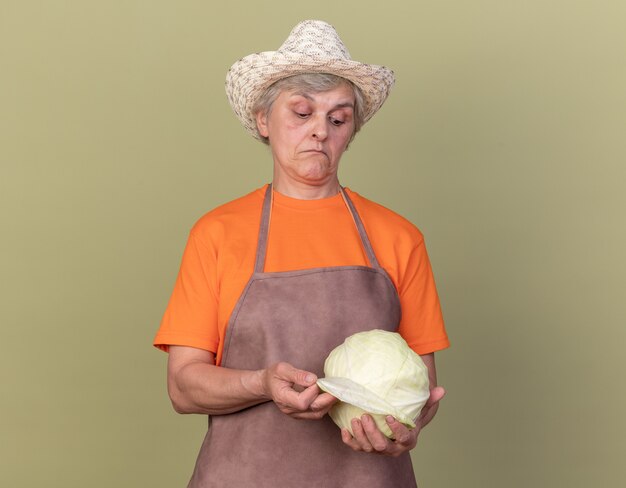 Femme âgée impressionnée jardinier portant chapeau de jardinage tenant et regardant le chou sur vert olive