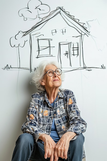 Photo gratuite une femme âgée avec une maison dessinée sur le mur