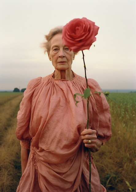 Femme âgée, photo moyenne, posant avec rose