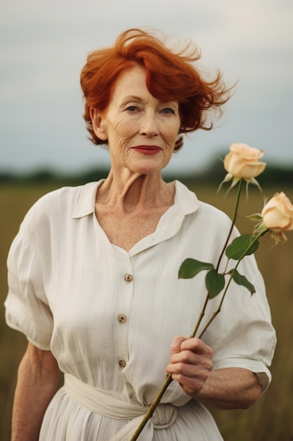 Femme âgée, photo moyenne, posant avec rose