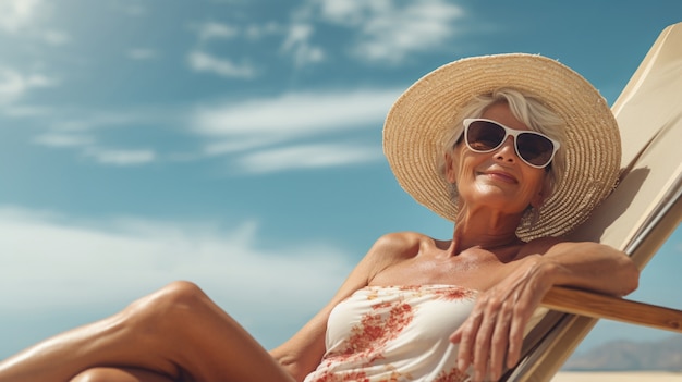 Une femme âgée se détend sur la plage en été.