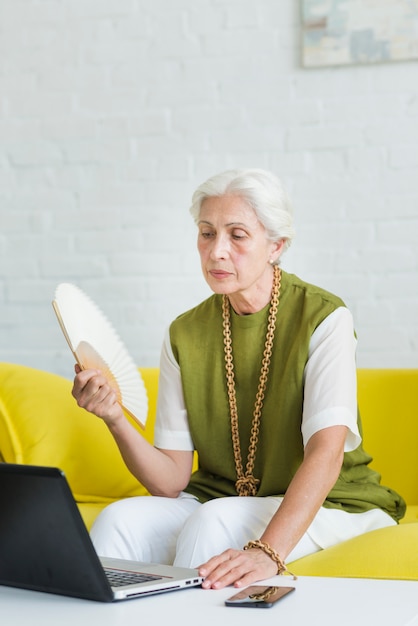 Une femme âgée tenant un ventilateur regardant un ordinateur portable