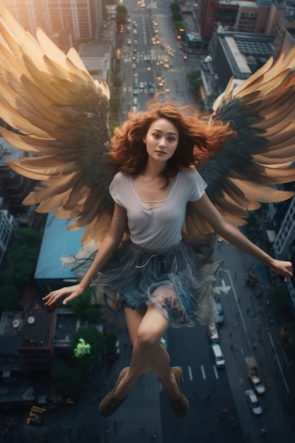 Photo gratuite une femme avec des ailes qui volent