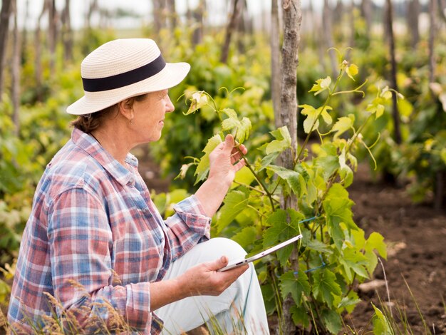 Femme aînée sur le côté restant à côté d'une plante dans son jardin