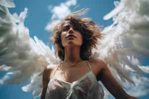 Photo gratuite femme à angle bas avec des ailes qui volent