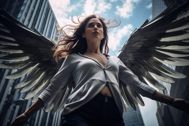 Photo gratuite femme à angle bas avec des ailes qui volent