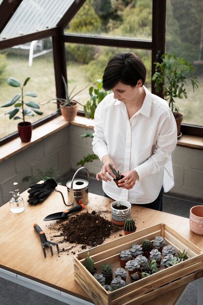 Femme à angle élevé transplantant des plantes