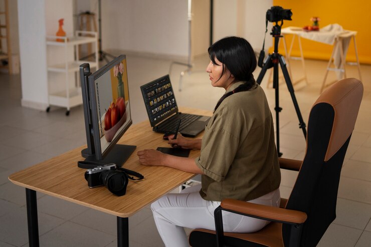 Photo gratuit femme à angle élevé travaillant au bureau