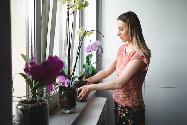 Femme, arrangement, fleurs, maison