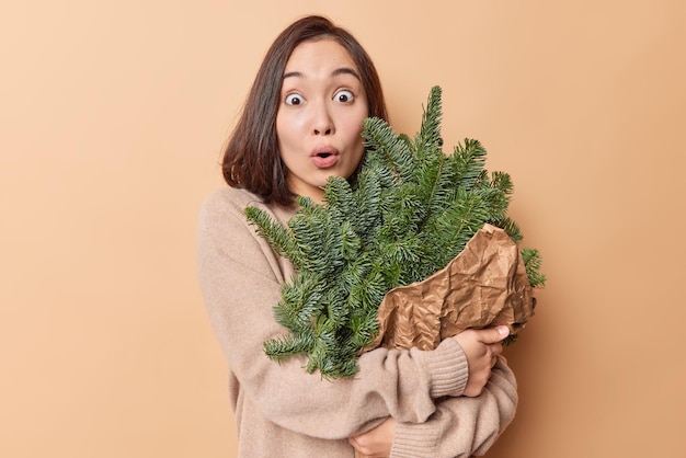 Une femme asiatique brune choquée regarde avec une expression effrayée embrasse un bouquet fait de branches d'épinette porte un pull confortable isolé sur fond marron fait des décorations pour les vacances