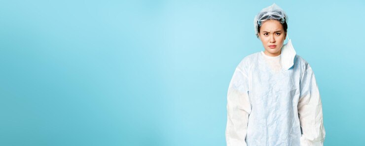 Photo gratuit femme asiatique en colère médecin ou infirmière portant un équipement de protection individuelle regardant avec une fourrure de désapprobation
